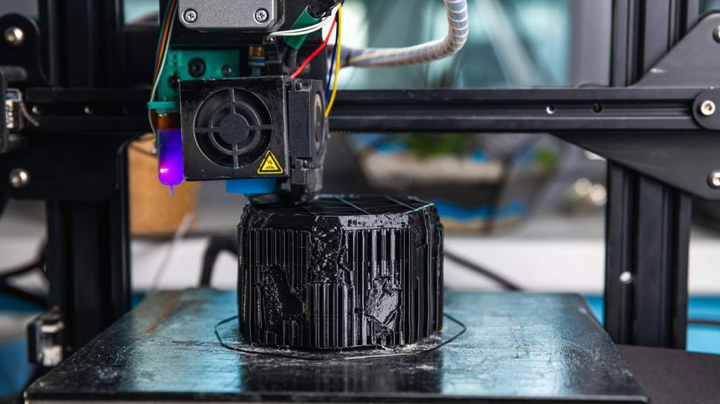 Ilustrasi printer 3D yang sedang beroperasi di meja kerja